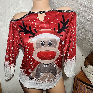 Reindeer Ugly Christmas Sweater T-Shirt Sz. L Women's Rudolph Funny